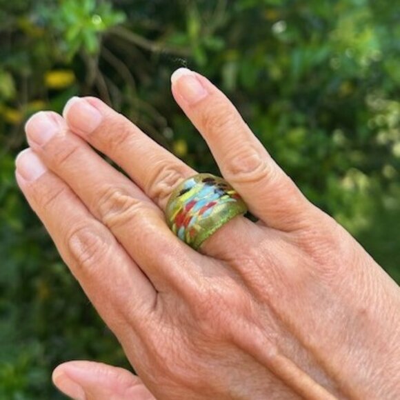 HAND BLOWN GLASS Green Multi Color Abstract Design RING - Picture 2 of 10
